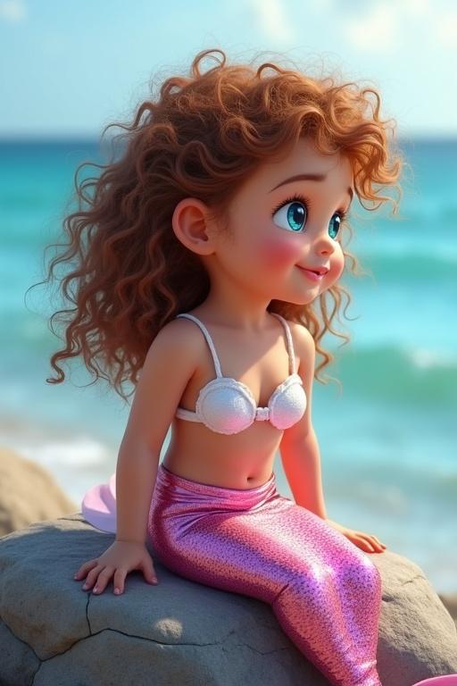 Image of a toddler mermaid with curly hair and blue eyes. She has a shimmering pink tail and a white vest top. She sits on a rock in the ocean looking towards the shore. She is next to another mermaid.