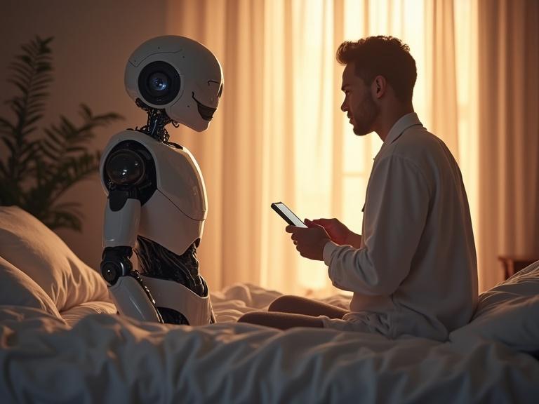Futuristic AI assistant waking person up in morning light. Person grabs his futuristic AI device and speaks with him.