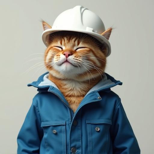A semi-realistic cat wearing a white hard hat and blue work jacket. The cat is bowing slightly with closed eyes and a peaceful smile.