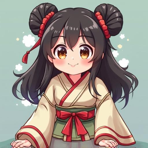 Charming anime girl in traditional clothing has black hair styled in two buns. She wears a pale kimono with colorful accents and features a happy expression. Background hints at a serene landscape.