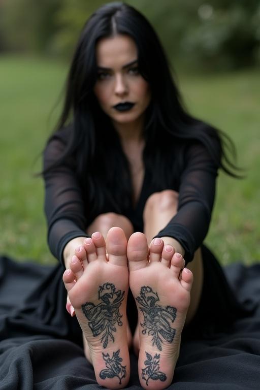 Image features a mature goth woman with long black hair and black lips showing her tattooed soles of bare feet she is sitting on the blanket outside