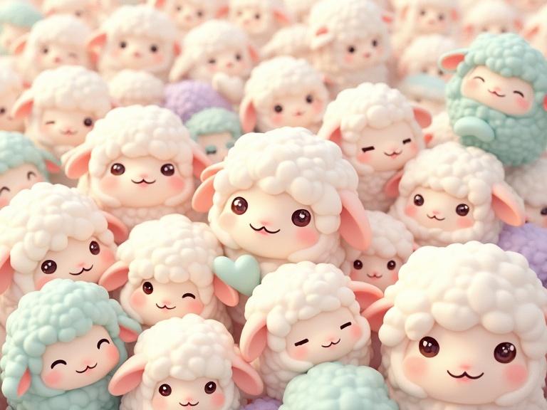 8K ultra-detailed digital illustration of numerous adorable fluffy chibi sheep characters in a collage. The sheep display a variety of sweet expressions. The wool features soft colors with gradients and patterns. The scene has bright studio lighting and an off-white background.
