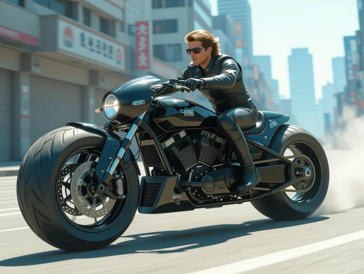 Motorcycle ride in a futuristic urban setting. Full view of a sleek bike with big dirt tires. Rider with average hair. Sci-fi and retro elements are strongly evident. Inspired by Akira. Illustrative style. 80s theme.