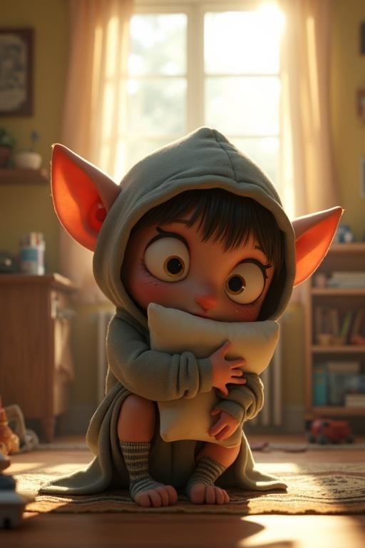 A cartoon creature with oversized eyes and huge ears sits on the floor in a messy bedroom. Sunlight streams through the curtains. It wears an oversized hoodie and mismatched socks. The creature hugs a pillow, showing exaggerated sadness. Sharp little teeth visible. A surreal emotion in a Pixar-Tim Burton style.
