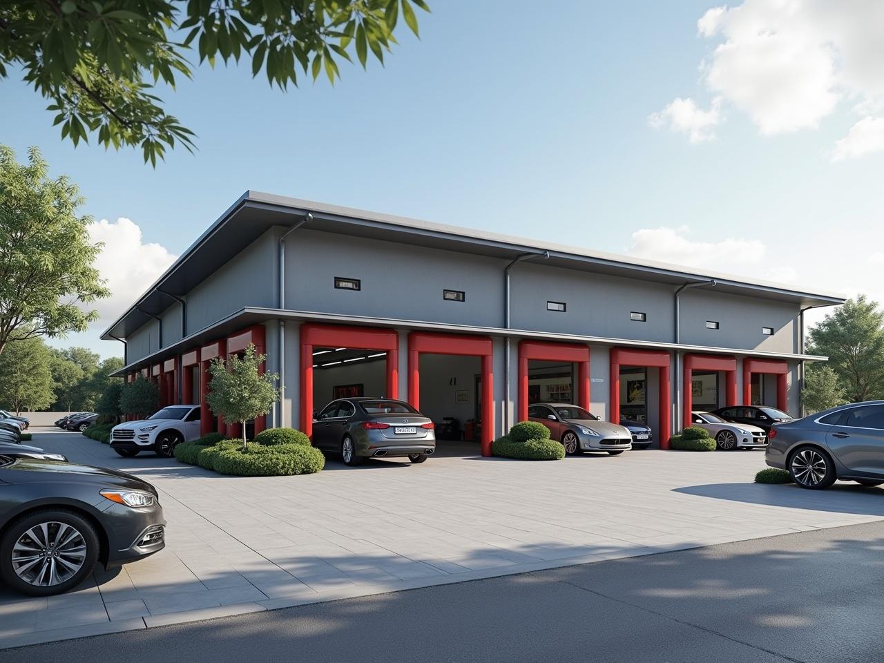 This image showcases a modern automotive workshop designed for efficiency and customer convenience. The building features multiple service bays, including mechanical, washing, and detailing areas. There is also a spacious customer waiting room, ideal for providing comfort while services are performed. An office space is included for administrative tasks. The design employs a contemporary aesthetic with a combination of grey and red accents.