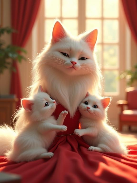Majestic white cat with long flowing fur wears elegant red dress. It cuddles two fluffy playful white kittens. Sunlight streams through large windows in luxurious living room. Hyper-realistic 3D animation in Pixar style.