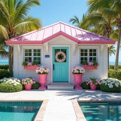 Bright sunny day with full view of a beach. Light pink and white beach cottage with windows that have shutters and flower boxes. Big wide wrap-around porch with swimming pool view. Pink roof and light aqua door. Wreath made of light pink roses and white hydrangeas. Light pink roses and white hydrangeas in large pink pots around the door. Surrounded by palm trees.
