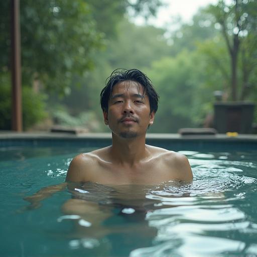 Front view of a man relaxing in a hot spring. Natural setting with greenery. Calm atmosphere.