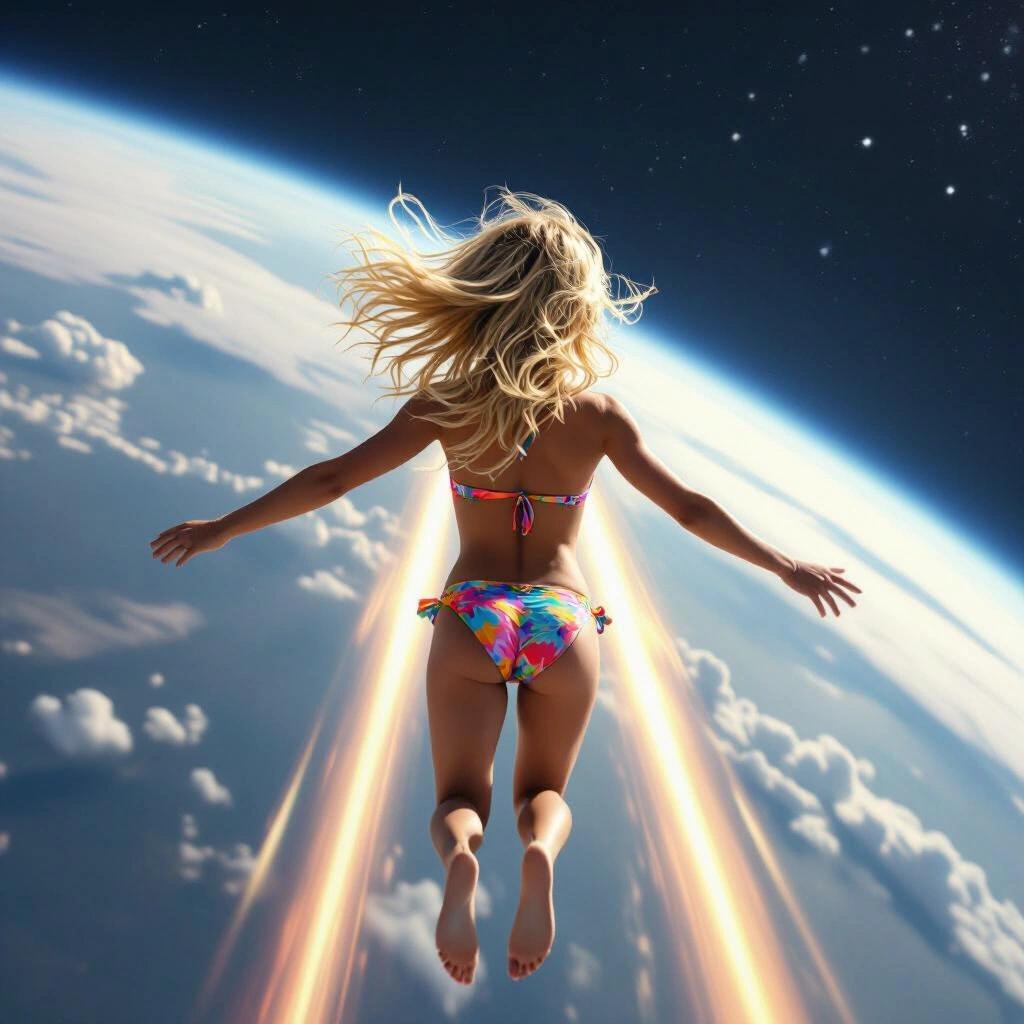 Girl flying above planet Earth with arms outstretched. Blonde hair flowing. Colorful bikini. Supersonic speed. Dramatic clouds and space background.