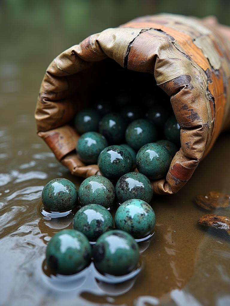 Hyper-realistic marbles made from oxidized shark skin spill from a worn sack. The scene depicts a river basin in the Amazon. The marbles are round and colorful. The sack is made from various shark skin scraps. The environment is damp and earthy.