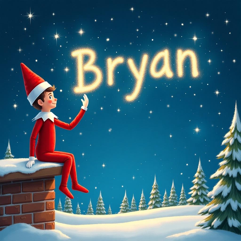 The image features a cheerful elf character from the popular 'Elf on the Shelf' tradition. The elf is depicted sitting on a chimney, wearing a classic red outfit and a pointed hat. In the starry night sky above, the name 'Bryan' is written in glowing letters. Surrounding the chimney are snowy trees, enhancing the winter atmosphere. The scene is bright and whimsical, appealing to children and families during the holiday season.