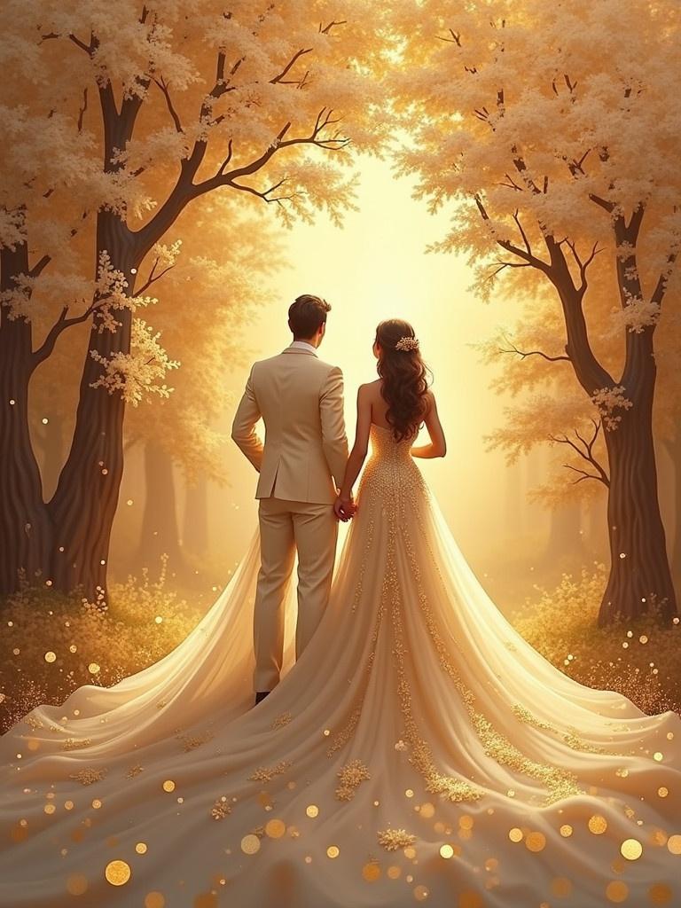 A couple in elegant wedding attire stands holding hands in a forest. The setting has warm golden light filtering through autumn trees. The bride's gown elegantly flows into the scene. The image radiates romance and warmth.