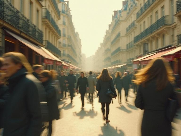 A bustling Paris street with blurred, moving figures. Soft grain reminiscent of Renoir's style. Light reflections and city elements present. An active urban scene typical of Paris. Emphasizes a dreamy, nostalgic feeling. Image captures a soft gentle moment. Represents instant film photography with soft-focus and hazy edges.