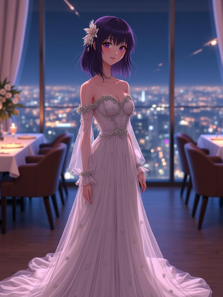 A breathtaking anime adult woman stands gracefully in a luxurious sky lounge at night. She has shoulder-length dark violet hair and captivating dark violet eyes. The woman wears an elegant off-white off-the-shoulder gown with sheer sleeves and intricate silver floral patterns. Her posture is relaxed, and a subtle smile graces her lips. The setting features a grand window showcasing a nighttime cityscape. The atmosphere is sophisticated and romantic with soft illumination. The scene captures the essence of elegance and beauty with a cinematic style.
