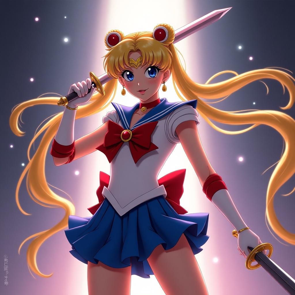 Sailor Moon stands heroically holding a sword in an epic pose. Long hair flows around her. Bright, dynamic aura surrounding her.