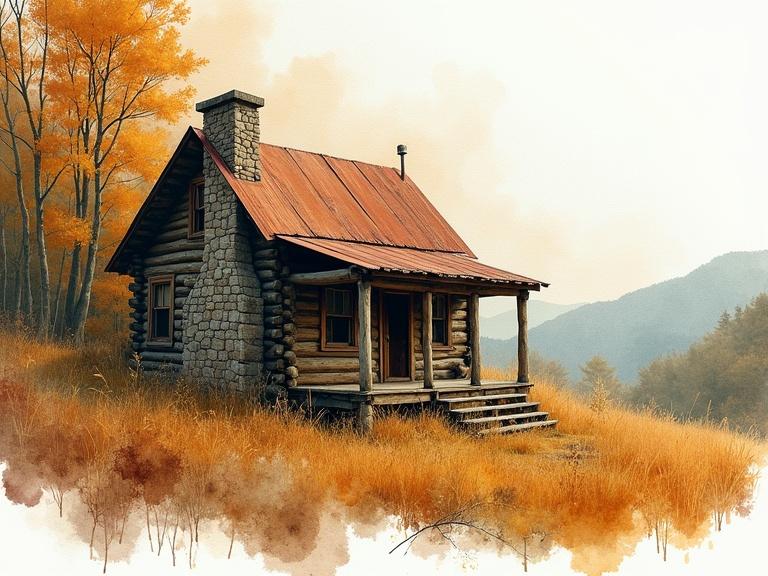 Watercolor painting of a rustic log cabin in an autumn forest setting. The cabin features weathered wood and a rusty metal roof. Surrounded by autumn foliage and tall grasses. Soft natural light creates a gentle atmosphere. Detailed textures in warm colors emphasize the cabin's aged character.