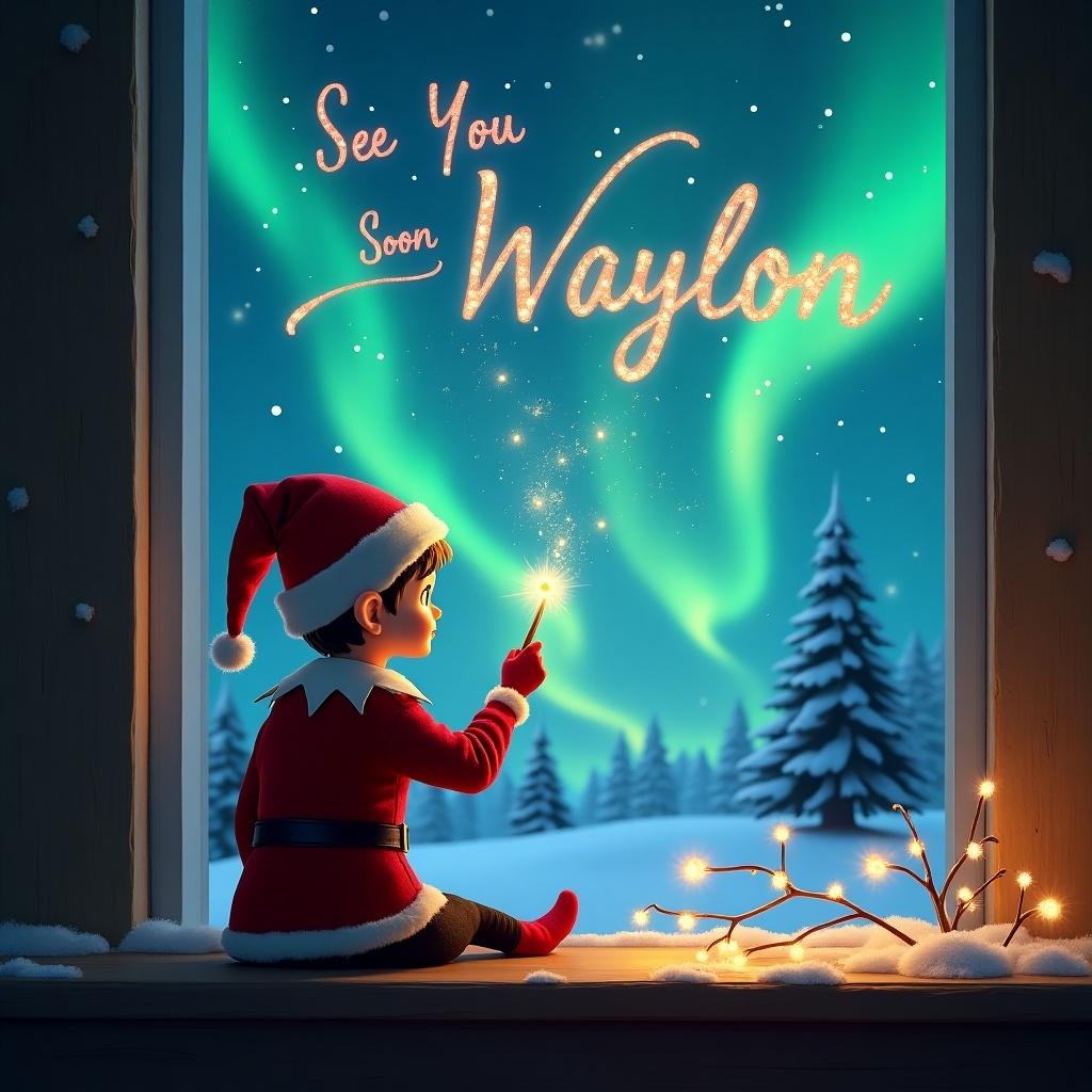 An elf on the shelf sits with its back to the viewer, gazing at a stunning night sky filled with northern lights. The elf is dressed in traditional Christmas attire, complete with a hat. With a magic wand, it elegantly writes in the sky. The words 'See You Soon Waylon' glow in the night sky, surrounded by twinkling stars. Next to the message, the elf also writes 'Maddix' in the air, adding a touch of whimsy. The scene captures the essence of Christmas magic, featuring snowy trees outside the window and warm lights inside.