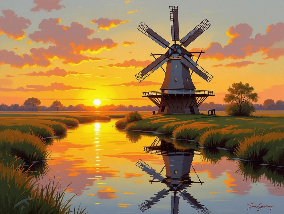 A windmill stands against a sunset sky. The scene captures a golden glow. The stream reflects the windmill and colors. Artwork showcases fine details. Created in an abstract style by James Gurney.