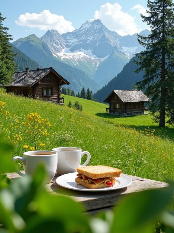 Picturesque alpine landscape with rolling green hills and rustic wooden houses. The houses have steep roofs made of brown timber. Small yellow wildflowers grow in lush grass. A wooden table holds two white mugs and sandwiches. Tall trees dot the scene. Majestic snow-capped mountains rise in the background under a clear blue sky. Green leaves and grass in the foreground create depth. Color palette includes green, brown, white, and blue.