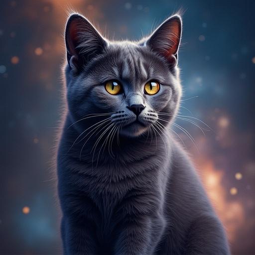 A portrait of a cat. The cat has striking yellow eyes and soft grey fur. The background depicts a cosmic scene with stars and a galaxy effect.