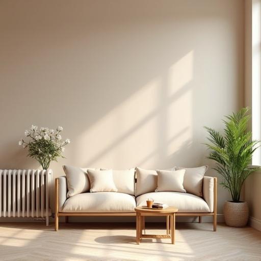 Minimalist living room with a beige sofa. Small wooden coffee table in front of the sofa. Potted plant beside a radiator. Soft natural light in the room.