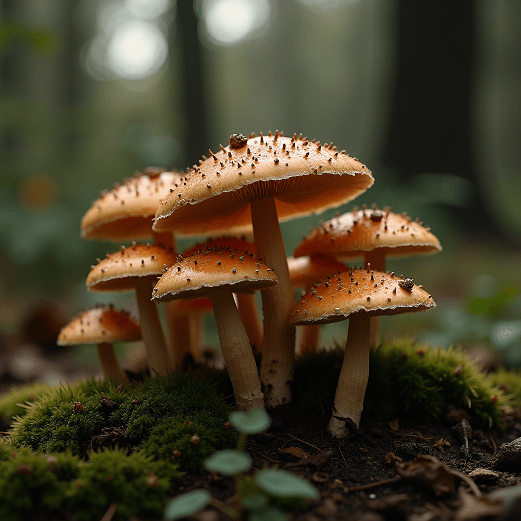 A cluster of golden-brown mushrooms grows on a bed of green moss in a forest.