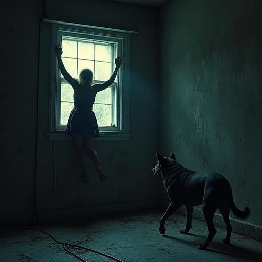 A person is forcing herself out of a tiny basement window. The upper body is outside, while the lower body remains inside. A guard dog stands beside her, appearing bedazzled.