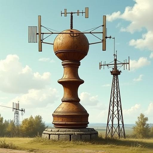 A wooden pillory shaped like a ham radio antenna. Include a coil and dipole. The structure is surrounded by antennas.