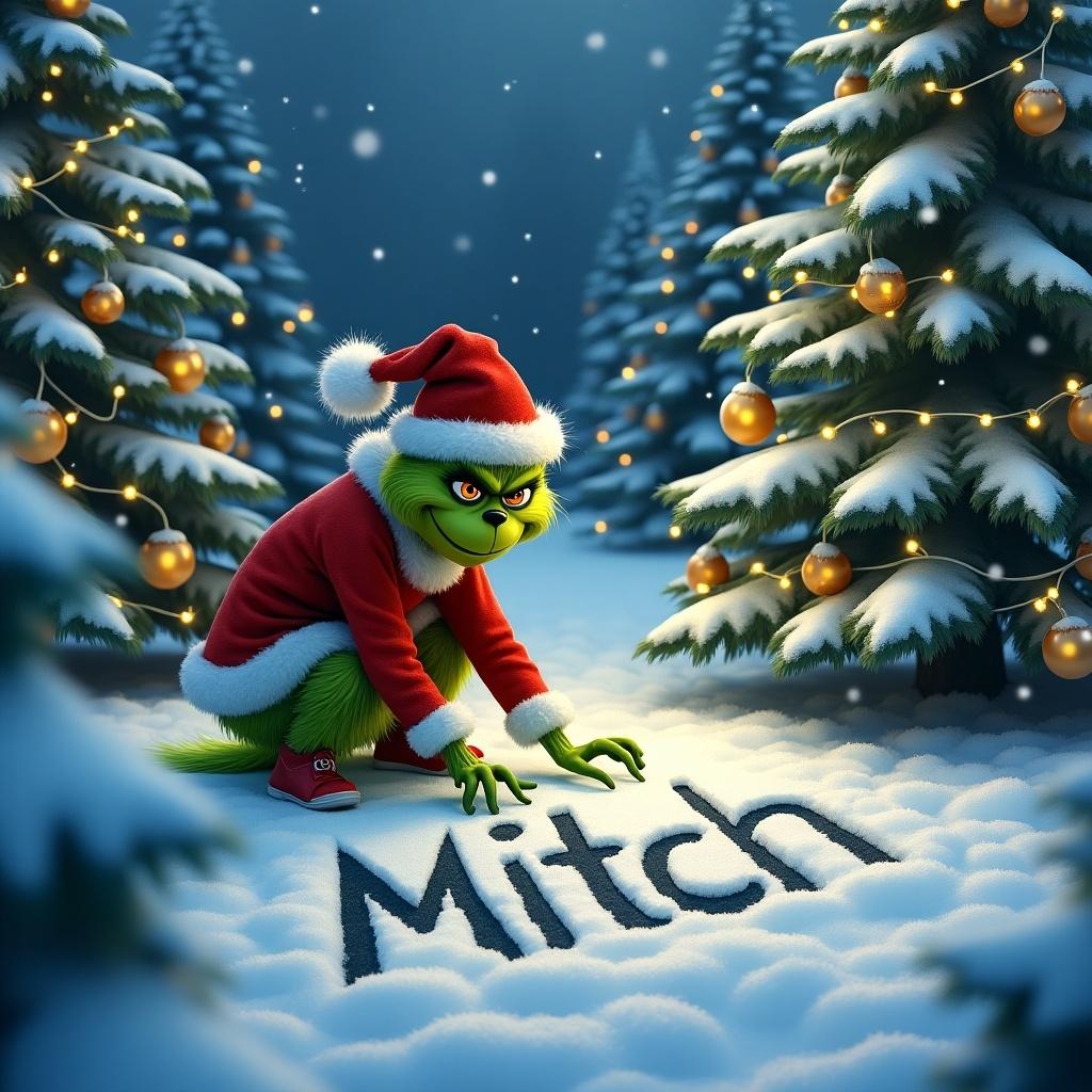 The Grinch is outside writing the name Mitch in the snow. Snowy setting with Christmas trees decorated with twinkling lights.