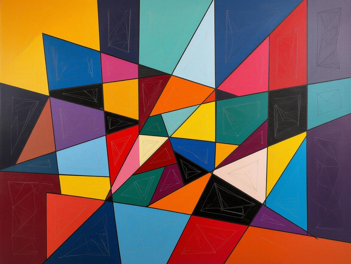 Create an abstract art piece with geometric shapes. Use vibrant colors in the composition. Ensure the arrangement is visually dynamic and unique.