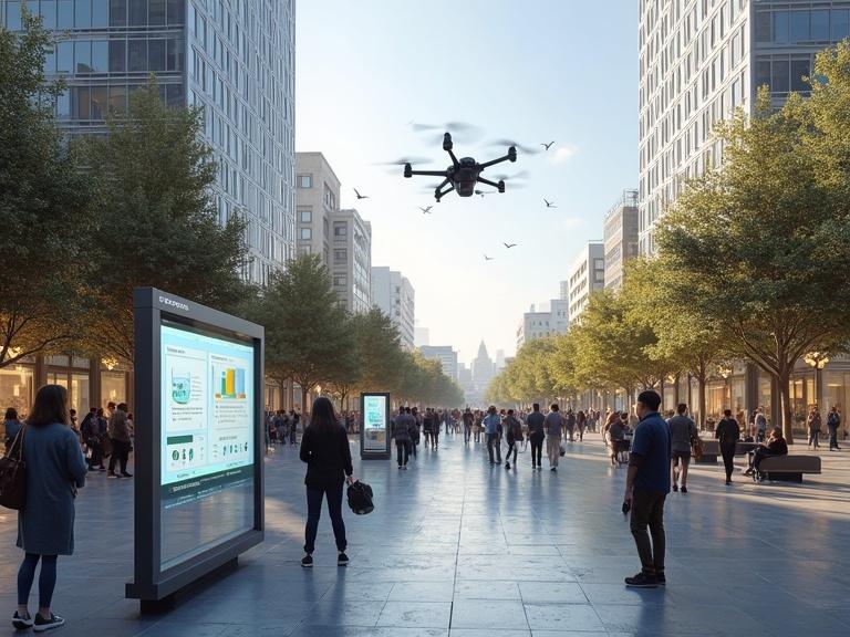 Public plaza crowded with citizens using AR kiosks. Engaging floating civic dashboards. Drones effortlessly operating above.