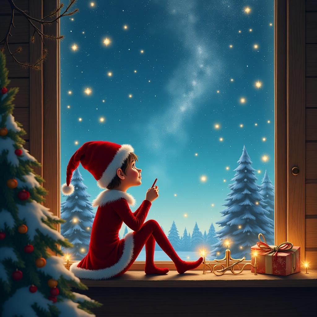 A whimsical girl elf is sitting on a windowsill, dressed in a bright red outfit and a Santa hat. She is joyfully writing a note that reads, “Audrey~ Only a few more days and I’ll be back ❤️ Snowflake Sparkle”. Outside the window, a magical sky sparkles with stars, adding to the enchanting scene. Nearby, decorations hint at the holiday spirit, including a decorated Christmas tree and gifts. The elf gazes out with wonder, embodying the excitement of the season.