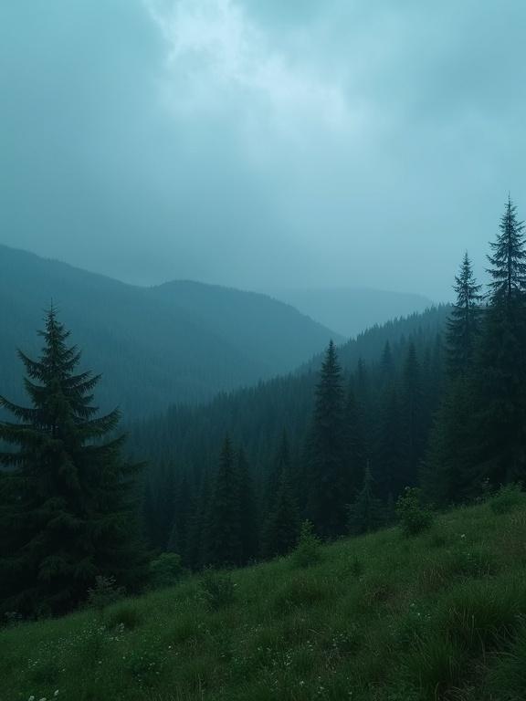 Top of a hill overlooking a forest during a rainstorm with a bluish hue. Misty atmosphere and dense tree coverage fill the landscape. Layers of hills recede into the background.