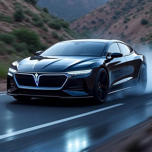 A modern all-electric sedan on a winding road. Car has a sleek design. There is an emphasis on performance features. The background has rolling hills and a clear sky. It is dusk, adding a dramatic effect. The car emits glowing lights from its grille.