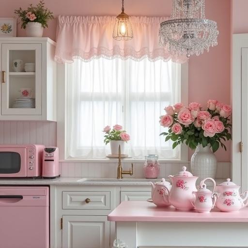 Image of a light pink and white shabby chic kitchen with a crystal chandelier. Light pink roses in white teapots with pink rose prints. Light pink rose print tea set on top of white cabinets. Light pink toaster, microwave and coffee maker on the counter.