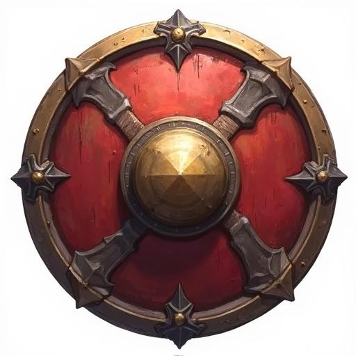 Icon of a round warrior shield featured in a card game. 48x48 pixel size. Styled similar to World of Warcraft. Has a transparent background.