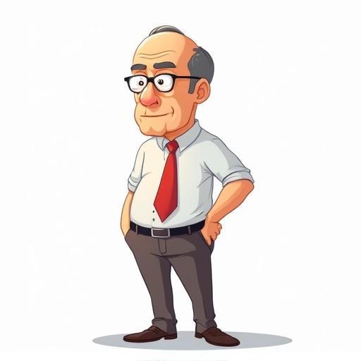 Full body view of a cartoon character resembling a teacher. Character has glasses and is dressed in a shirt, tie, and pants. Background is white.