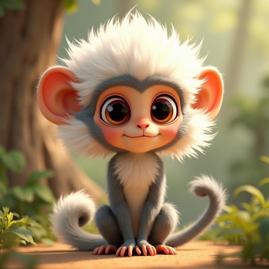 This is a character sheet of Titi, a small monkey with a distinct white mane that resembles a fluffy cloud. His body is agile, sporting gray and brown fur that helps him comfortably blend into the branches of the trees. Titi’s large, bright eyes display a constant curiosity and eagerness for exploration. The character design is inspired by Disney-Pixar, featuring warm cinematic lighting and detailed textures. The overall aesthetics include smooth character design and an ultra-realistic background with vibrant colors and foliage. This image captures the essence of a highly expressive character and showcases a natural look.