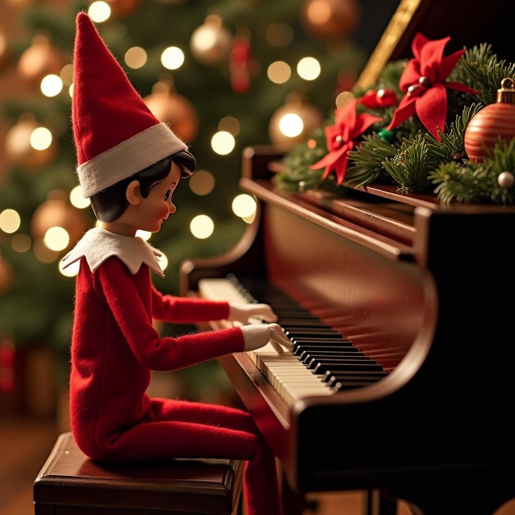 Elf on the shelf sits at a piano playing music. Background features a decorated Christmas tree. Scene is cozy with soft lighting.