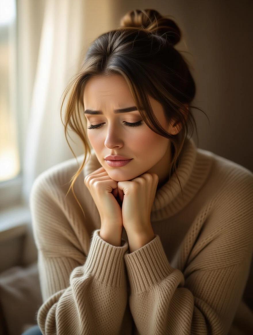 woman appearing exhausted yet dignified sitting with hands clasped looking down in soft light