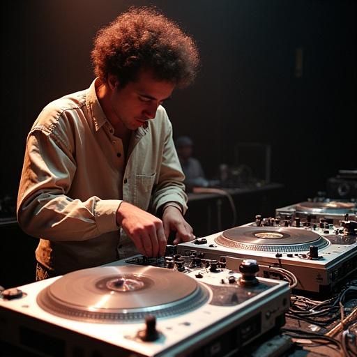 DJ Aidan Day from Canada performing at 1992 Ortofon World DJ Mixing Championships. He executes turntable tricks at high speed on two turntables. The mixer is placed to the right. Focus on the DJ and the equipment.