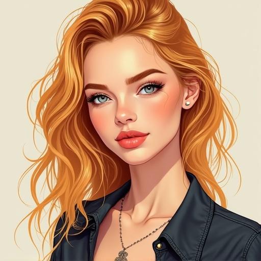 Illustration of a blonde woman with wavy hair looking at the viewer. She has light skin tones and a stylish black outfit.
