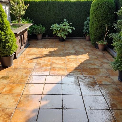 Patio being pressure washed showing clean and dirty sections. Bright outdoor lighting highlights surface differences.