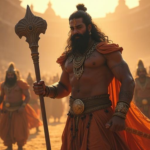 Illustration of Bhima in royal arena. Bhima towers angrily with a large mace. He mocks Karna, expressing arrogance. The crowd whispers, tension in the air.