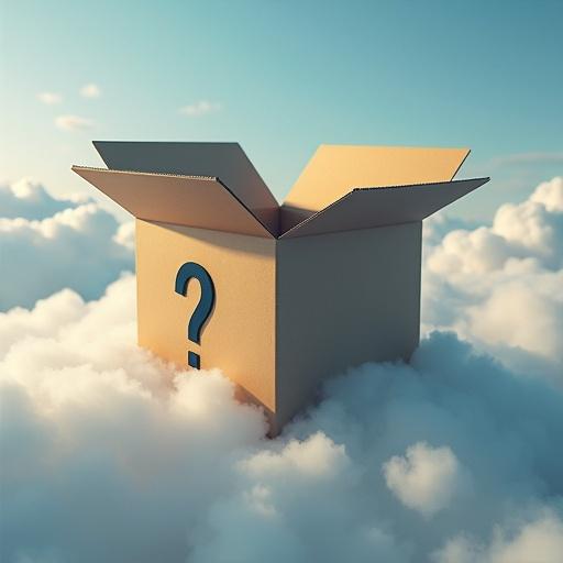 Paper box floats in the clouds featuring a question mark. Sky atmosphere merges with cardbox structure. Colors include dark blue, white, golden hues.