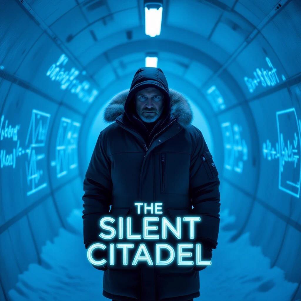 Movie poster for a psychological thriller featuring a grieving father at an Arctic lab. The setting includes a dark tunnel illuminated by icy blue lights. Background displays strange equations. The father is wearing a thick parka, emphasizing isolation.