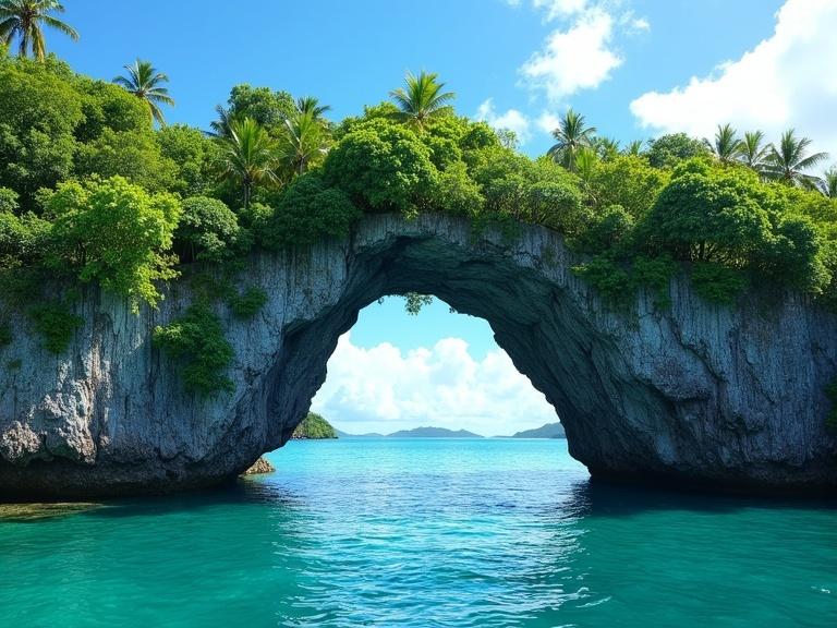 Photo of a natural limestone arch bridge over water. Bright blue sky with white clouds. Lush green trees on the arch. Calm water with gentle ripples. Sunlight reflecting off the water. Clear day with vibrant colors. Scenic view with horizon line of more greenery. Peaceful atmosphere. High-quality landscape photography. No people in daylight. Natural beauty in tropical setting. Archway in the center with water in front and sky behind.