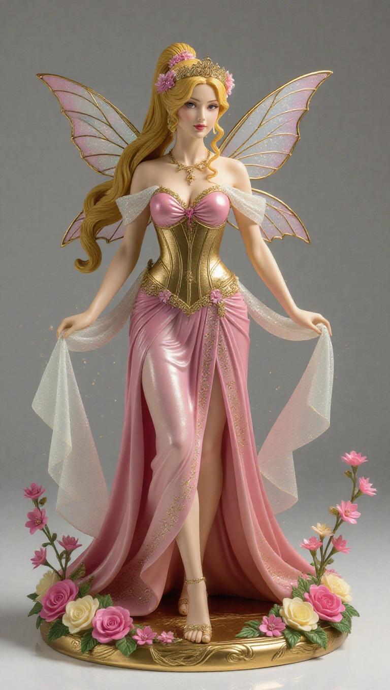 Statue of a goddess inspired by the Virgo sign. Woman with long golden hair in a high ponytail. Wears a flowing pink and gold dress with a metallic corset. Delicate fairy wings. Base adorned with sculpted flowers and mist.