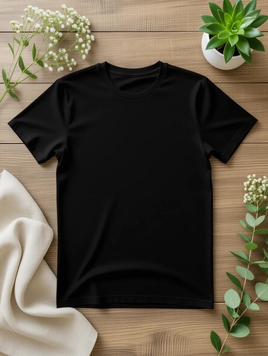 Top-down layout of a plain black unisex T-shirt on a wooden table. Soft linen draped beside the shirt. Surrounded by various botanical elements and a small plant. Natural daylight illuminates the scene. Smooth texture of the T-shirt visible. Chest area is empty and flat. Soft shadows present. Minimal surroundings without wrinkles or folds.