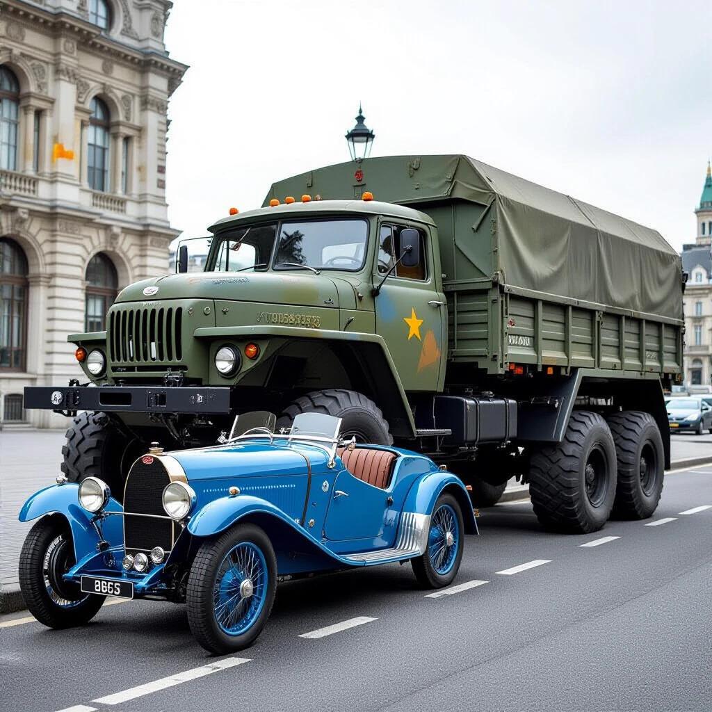 Photorealistic street scene in Waterloo 2025 showcases a pristine 1924 Bugatti Type 35 parked curbside. Beside it stands a decayed Soviet military truck from 1951, featuring huge wheels and heavy rust. The contrast highlights the Bugatti's chrome wheels and hand-beaten aluminum body against the truck's corroded fenders and exposed gearbox. The setting includes rain-slicked cobblestones with reflections from holographic ads and a visible 'WATERLOO' street sign. The composition uses a low-angle shot to emphasize size disparity, while steam rises from the Bugatti's exhaust and oil drips from the truck. Shot on a Leica SL3 with f/4 aperture during twilight, the scene captures the atmosphere of a post-rain mist.